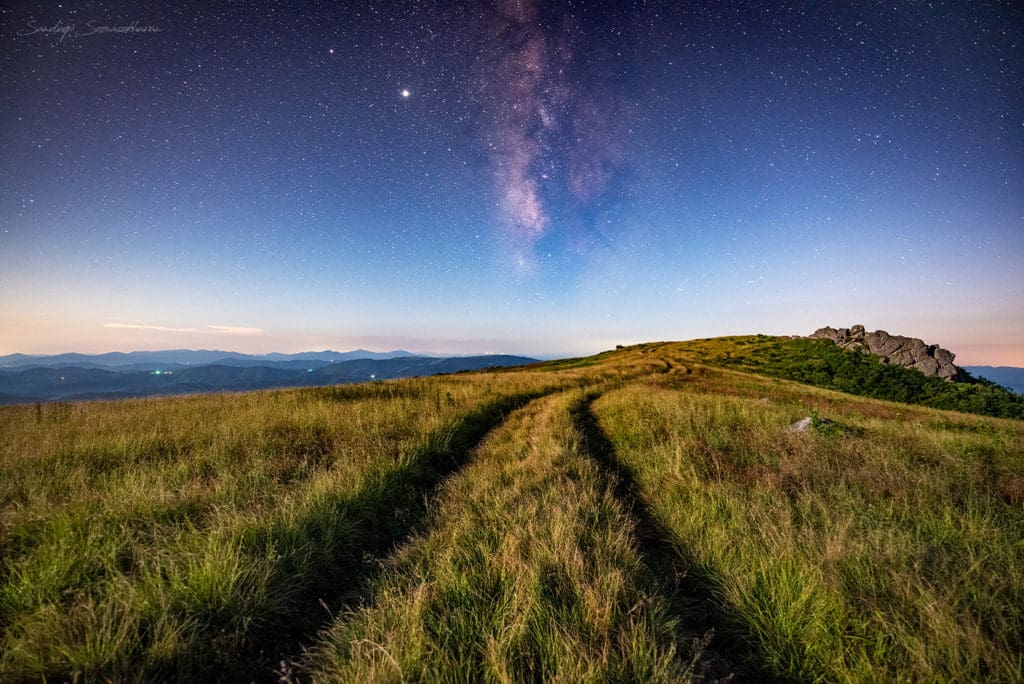 The Appalachian Trail, the rocks where we stood shooting, and a fading Milky Way. 